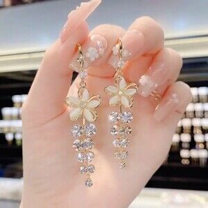 New - Opal Flower Zircon Jeweled Dangle Earrings